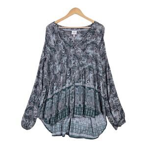Knox Rose Paisley Tunic Top Sz 2X Green Long Sleeve High Low Hem Boho Peasant
